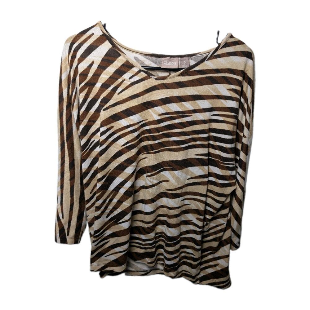 Chicos Womens Size 2 Large Knit Animal Print Top Shirt Tiger Stripe Stretchy EUC